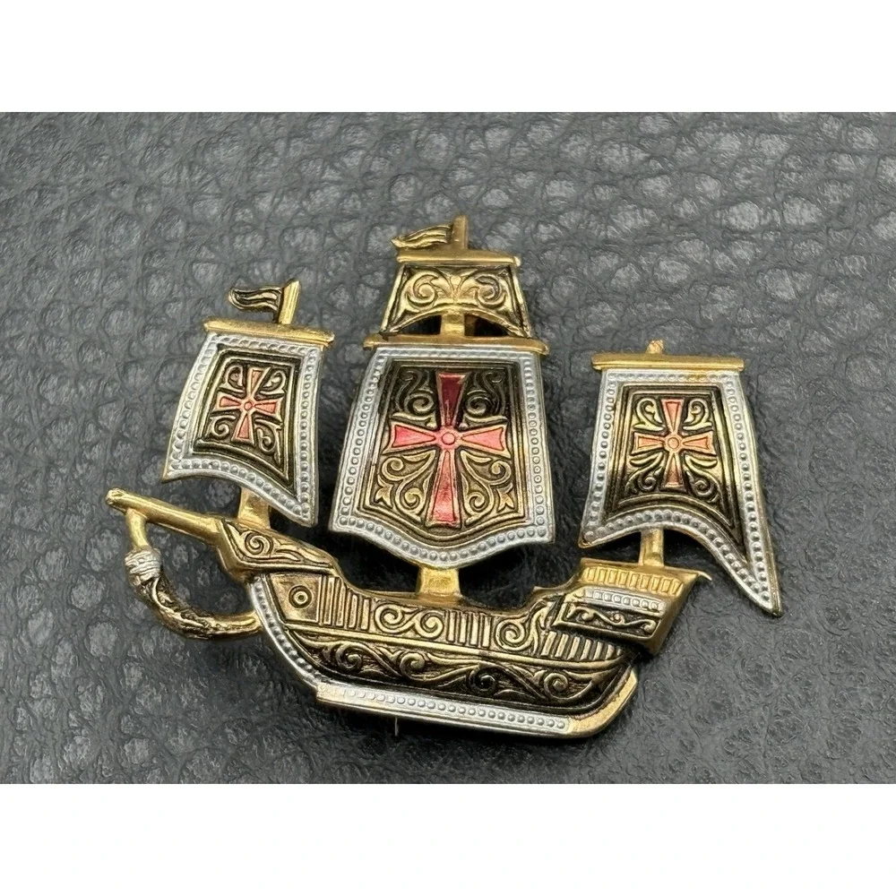 Vintage Spanish Damascene Galleon Ship Cross Brooch Pin Toledo Spain Red Enamel